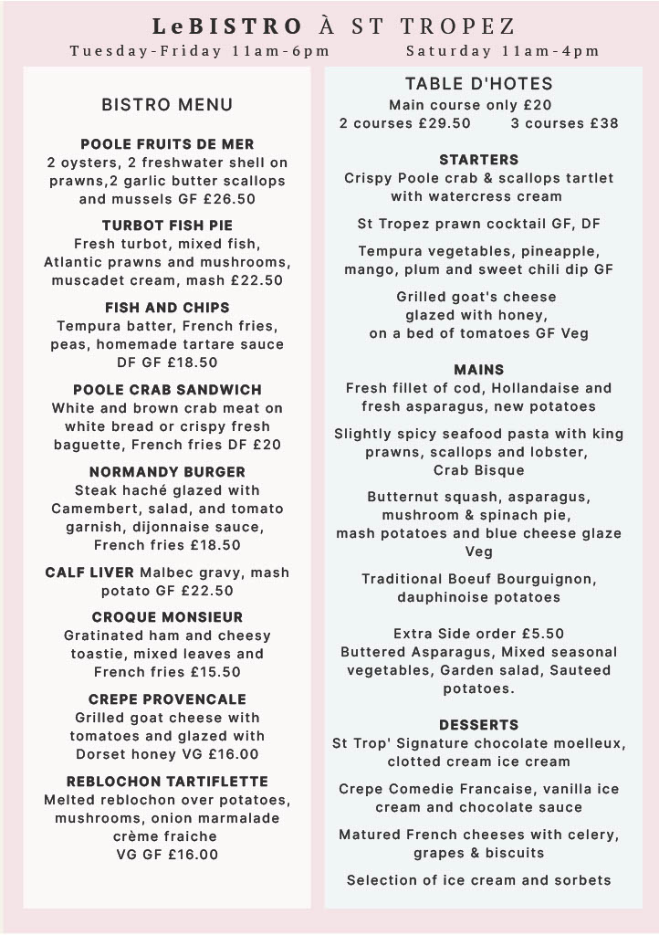 Bistro Table d'hotes Menu 2026