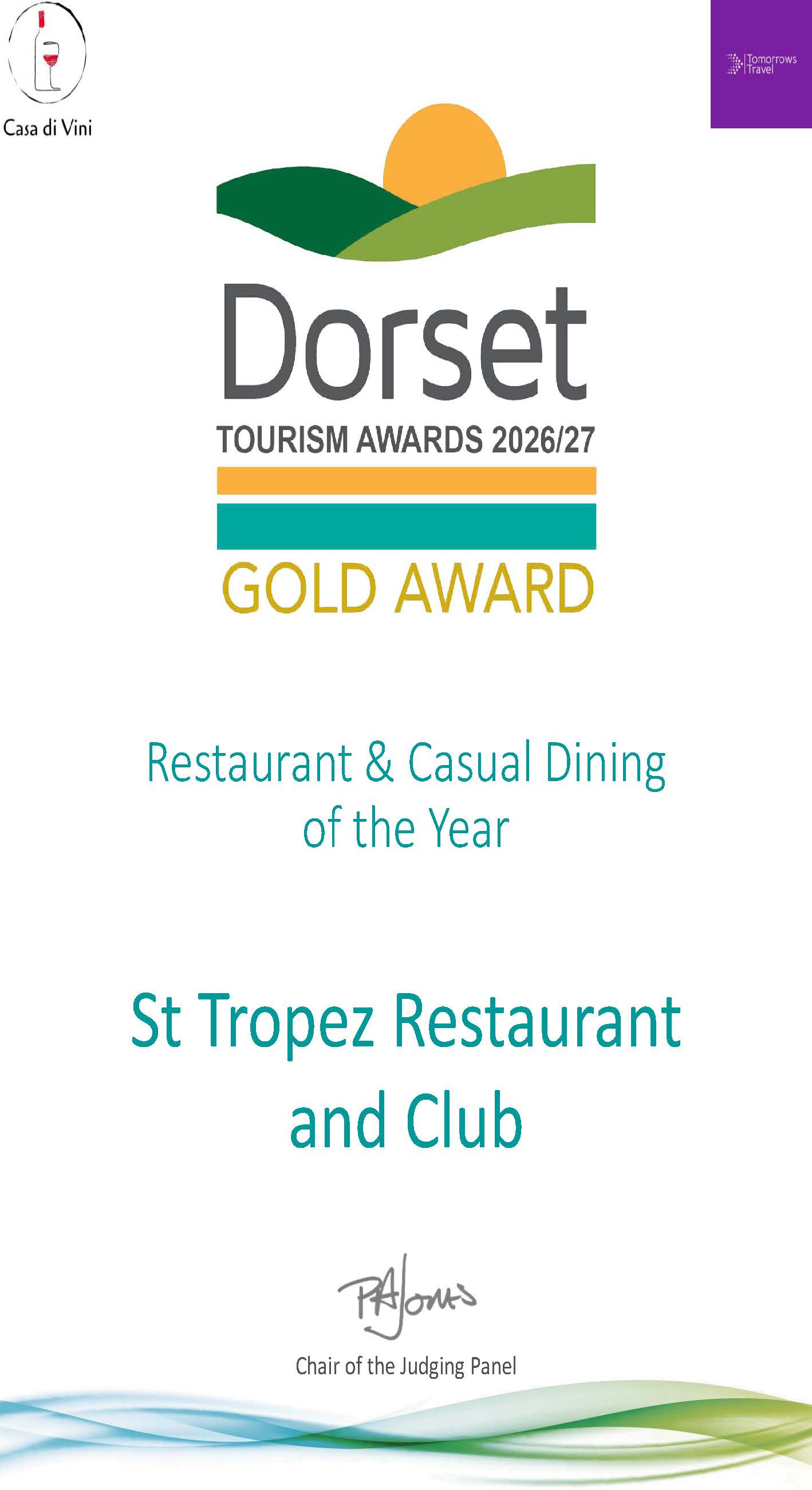 Winner of Best Dorset Restaurant - Gold Award - Dorset Tourism Awards 2026-2027